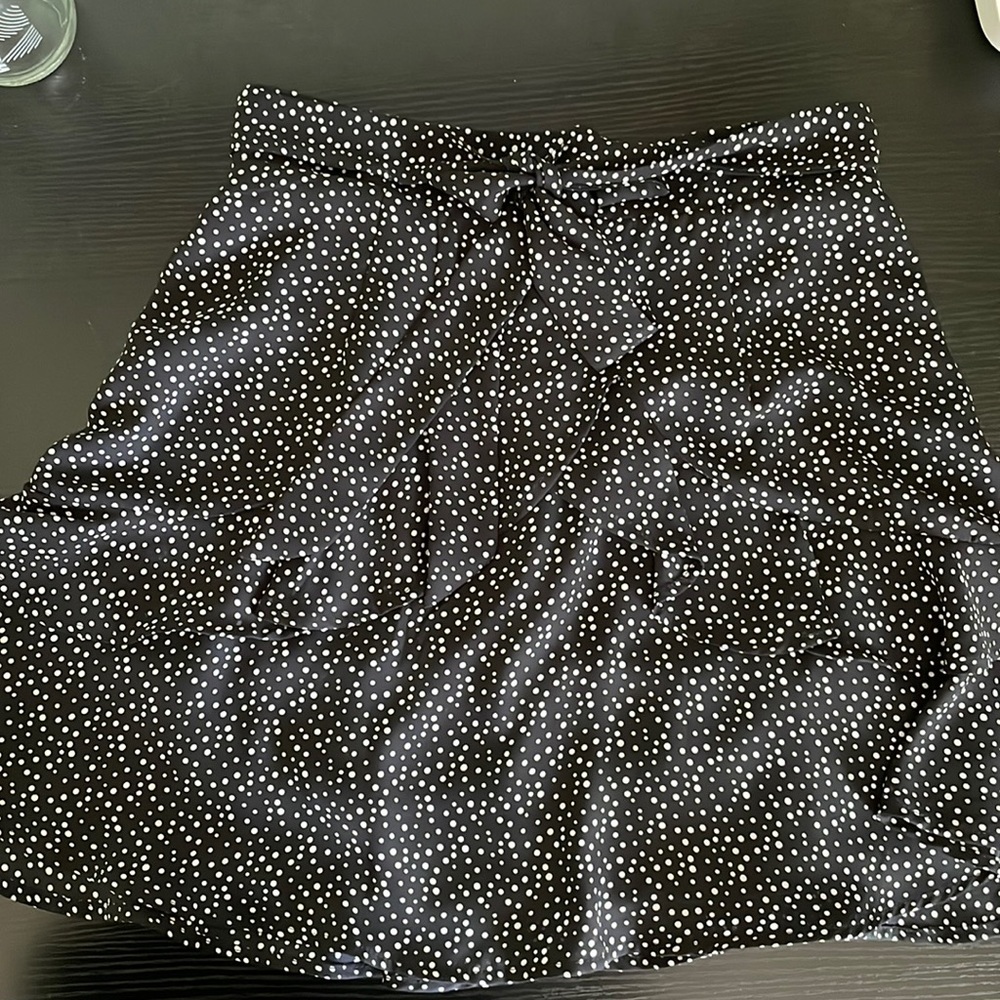 Trendy black & white polka dot ruffle mini skirt with tie bow, Altar’d State